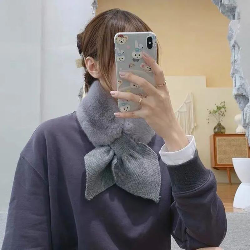 Women's Cute Cross Bow Scarf Imitation Rex Rabbit Fur Thick Collar Winter Warm Korean Style Fur Collar Plush Neck Cover Wave Point Neckerchief Scarves