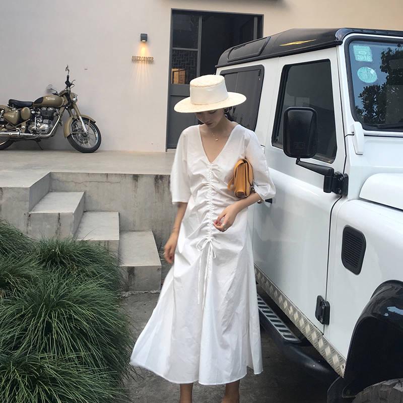 Elegant Chic Summer Drawstring V-Neck Women Pleated Retro Solid Short Sleeve Sexy Ladies Long Dress