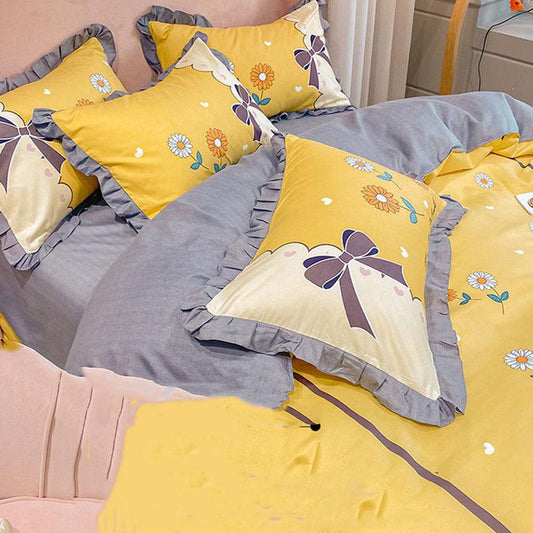 Naked Sleeping Sanded Four-piece Super Soft Korean Style Washed Cotton Bed Linen Quilt Cover Bedding
