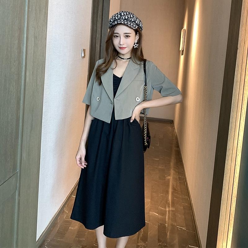 2 Pieces Women Sling Dress Suit Spring and Summer Short Sleeve Button Casual Vacation Office Home