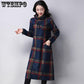 Plaid dress Long Sleeve Cotton Woolen Plus Size Vintage Women Casual Loose Autumn Winter Dress Elegant Clothes