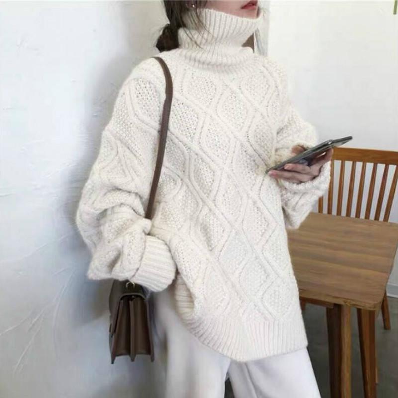 Pofulove Thick Solid Color Twist Turtleneck Sweater Schoolgirl Winter Warm Sweet Pullover Sweater Coat