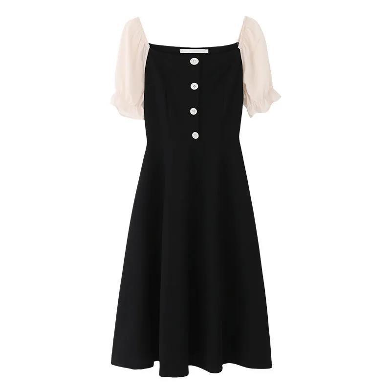 French Retro Style Sexy Black Woman Square Collar Puff Short Sleeves Wedding Part Mid-calf Dress