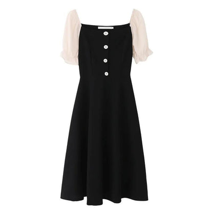 French Retro Style Sexy Black Woman Square Collar Puff Short Sleeves Wedding Part Mid-calf Dress