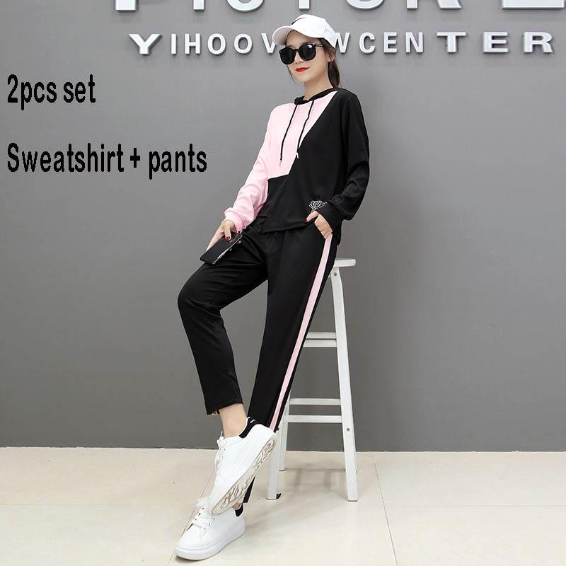 Two Pcs Set Wild Long -Sleeved Casual Sweatshirt Set Large Size Autumn And Winter Women 'S Clothing