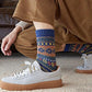 5 Pairs Retro Flower Socks Autumn Winter Ethnic Style Cotton Stockings Thick Thermal Line Diamond Knitted Warm Warm Socks Mid Tube Socks