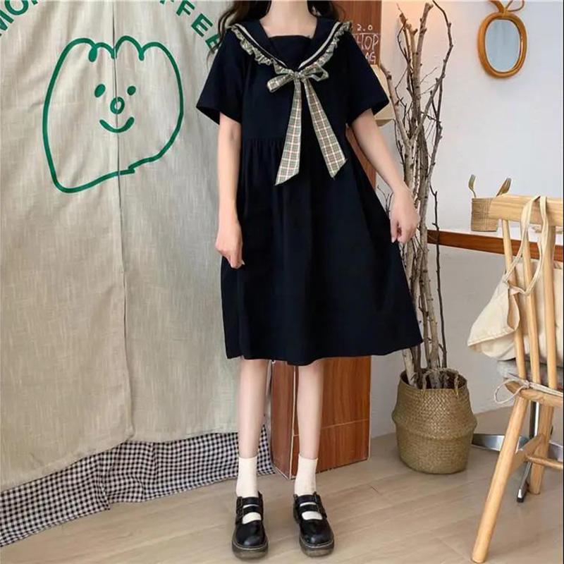 Solid Color Sailor Collar Navy Dress Sweet Bow-knot Girl Retro Style Student Girls Knee-length Dress