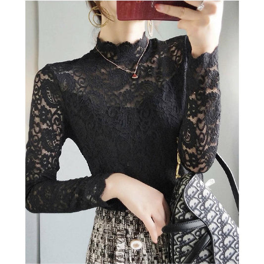 Tight Lace Mesh Beauty Plus Cashmere Tops Female Half High Collar Bottoming Feminine Sexy Blouse