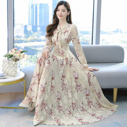 Chiffon Jacquard Long-sleeved Dress Spring and Autumn Models Waist Beach Big Swing Bow Long Skirt Women's French Retro Long Skirt Temperament
