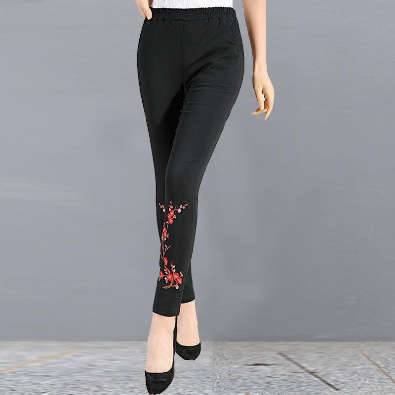 High-waist Leggings Women's Outer Wear Stretch Pants Plus Size Pants Ethnic Style Embroidery Slim-fitting Pants