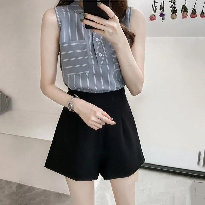 Summer V-Neck Sleeveless Stripe Casual Shirt Vest Large Size Women's Shirt