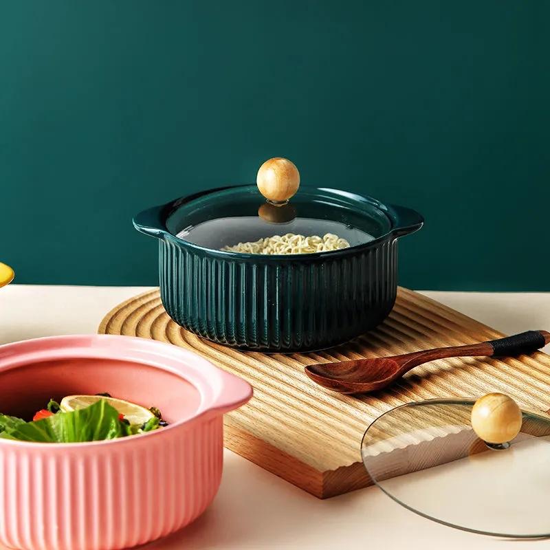 Nordic Style Ceramic Instant Noodle Bowl with Lid Binaural Soup Bowl Student Dormitory Rice Bowl Large Fruit Dish