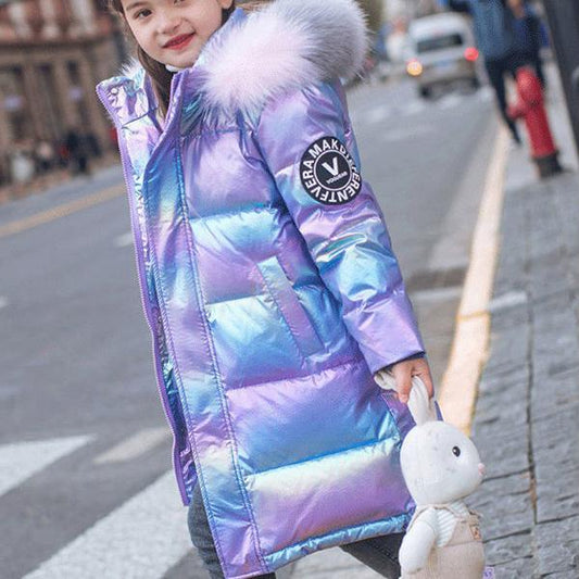 White Duck Down Children's Down Jacket Mid-length Fashion Boys and Girls Thickened Shiny Children's Clothing