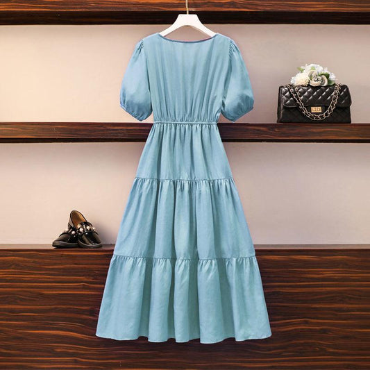Female Vintage High Waist Holiday Long Dress Elegant Slim Chiffon Casual V-neck Solid Color Dress