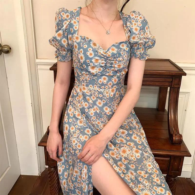 Women's Summer Floral Skirt Puff Sleeve Mid Length Slit Square Neck Dress