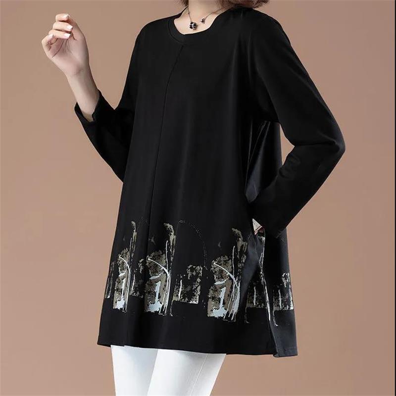 Womens Leisure Print T-shirt Long Sleeve Round Neck Blouses Casual Loose Tops Pullover