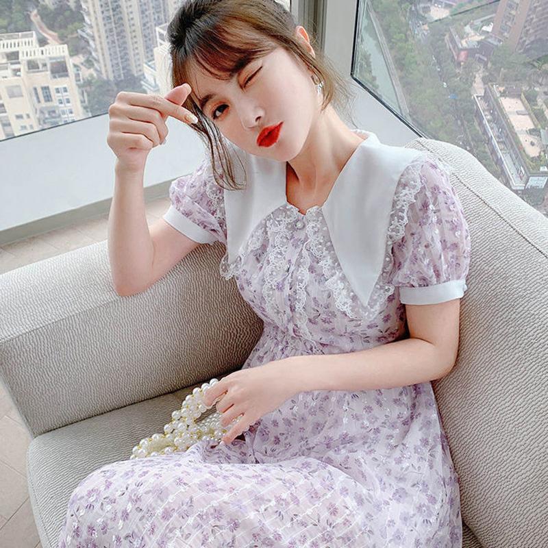 French Small Fresh and Age-reducing Floral Dress Summer Sweet Temperament Waist Waist Chiffon Dress Ladies A-line Skirt Waist Is Thin