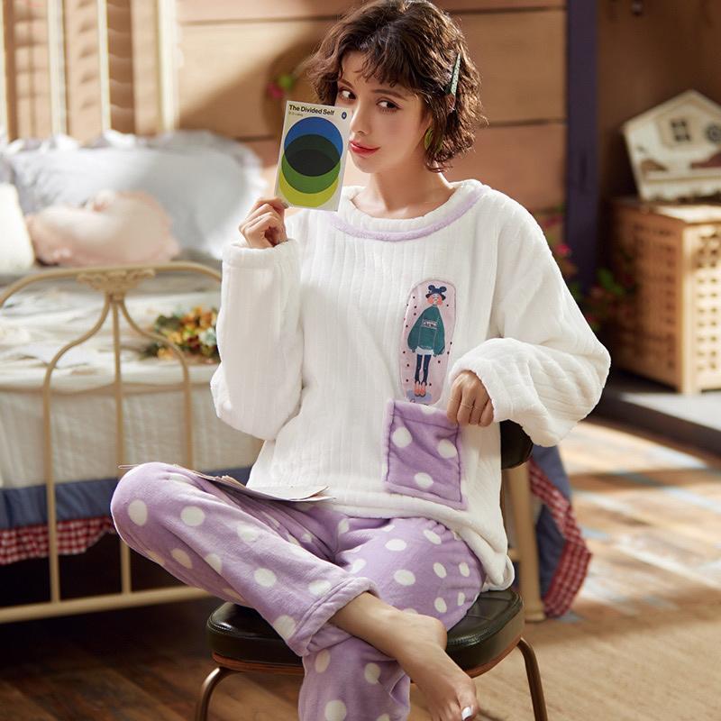 Women's Pajamas Set Winter Pyjamas Suit Thick Warm Sleepwear Long Sleeve Pullover Nightwear Cute Coral Flannel Casual Loose Home Wear Tops Pants