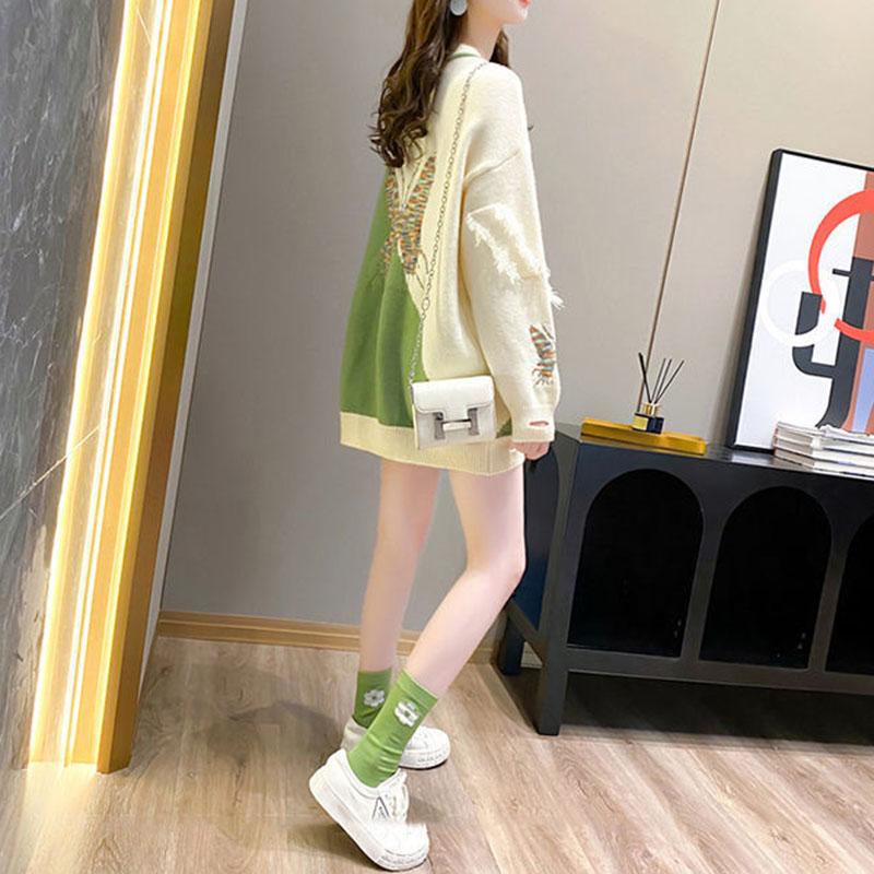 Autumn and Winter Loose Round Neck Bottoming Shirt Pullover Casual Knitted Jacket Hit Color All-match Female Sweater