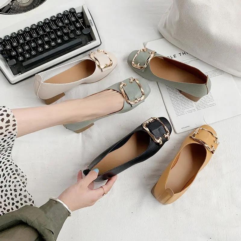 Breathable Casual Shoes Fairy Single Shoes Spring and Autumn Pumps Mid-heel Thick Heel Summer Beanie Shoes Leather Shoes Mother Shoes