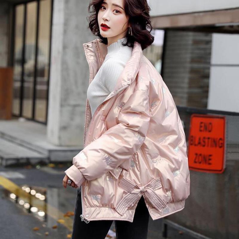 Women's Bright Print Short Down Jacket Winter Korean Loose Quilted Jacket Casual Stand-up Collar Hooded Down Jacket Quilted Jacket