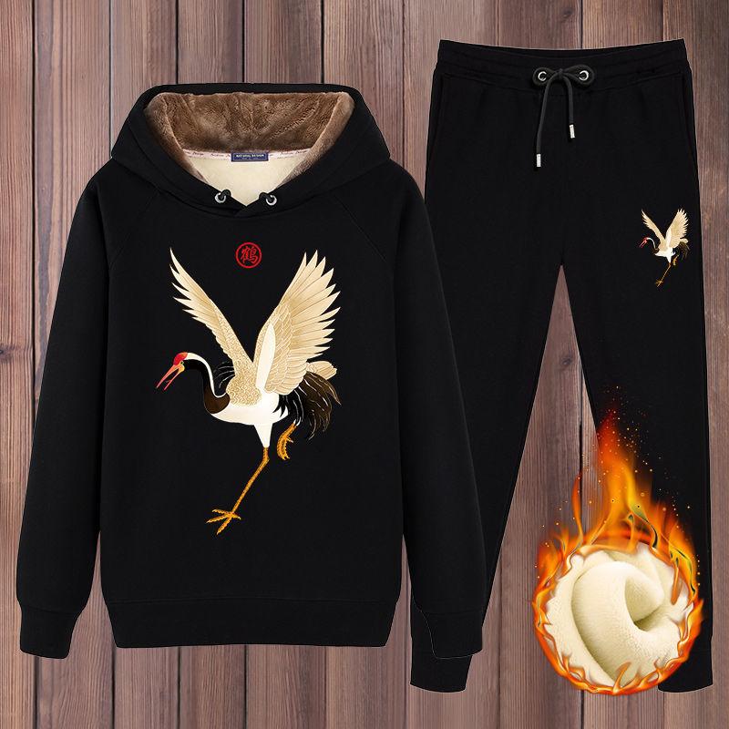 2pcs/set Autumn Winter Men's Sets Sportswear Thicken Fleece Lining Tracksuits 2 Piece Sets Men's Clothes Hoodies+Pants Sets Males Weatsuit Outfits