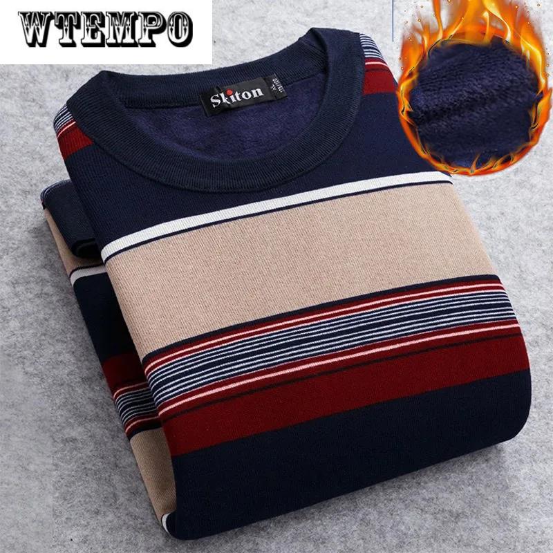 WTEMPO Men Pullover Winter Plus Velvet Thick Warm Sweater Round Neck Striped Pullover