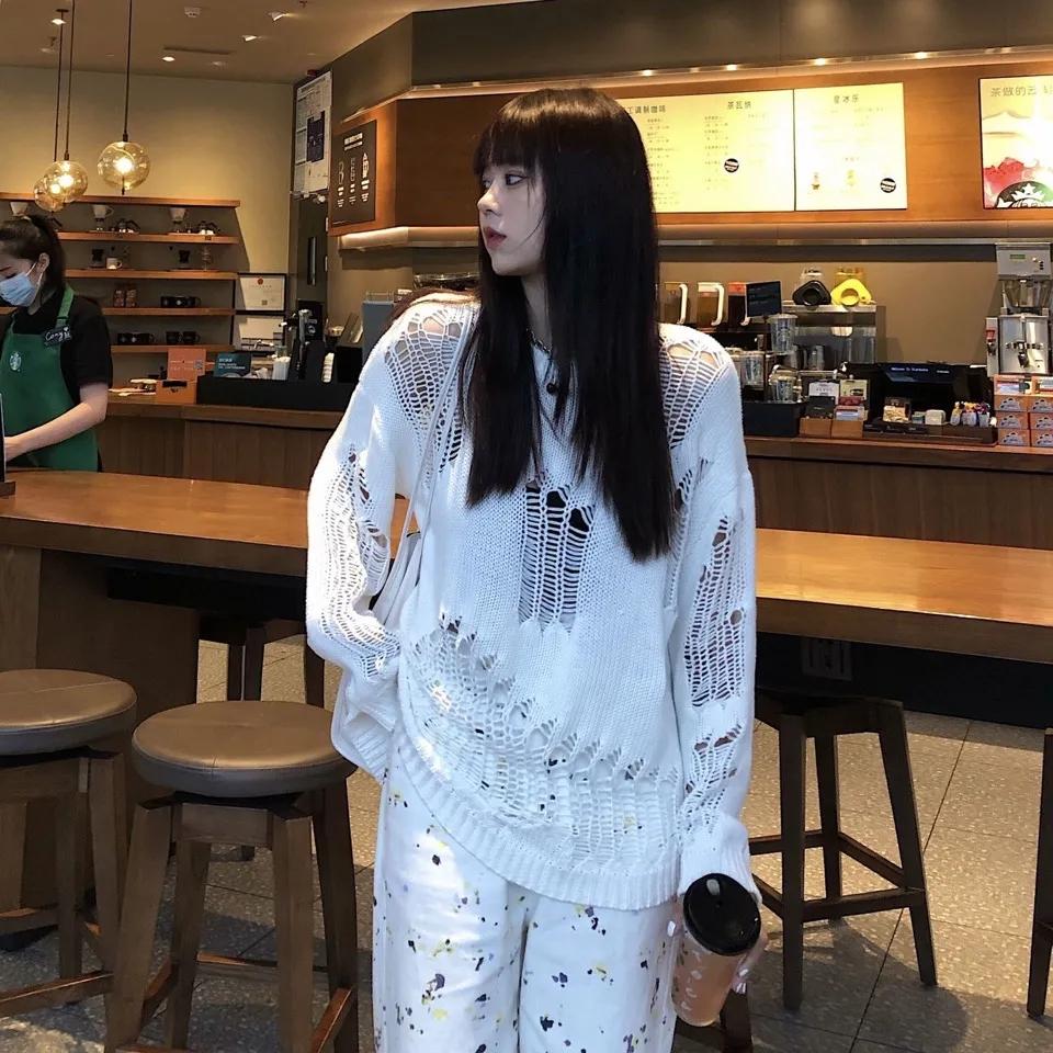 Sweater Women Gothic Punk Hole Oversized Streetwear Harajuku Sweaters Hollow Out Knitwear Jumper Pullover Trending Sweater