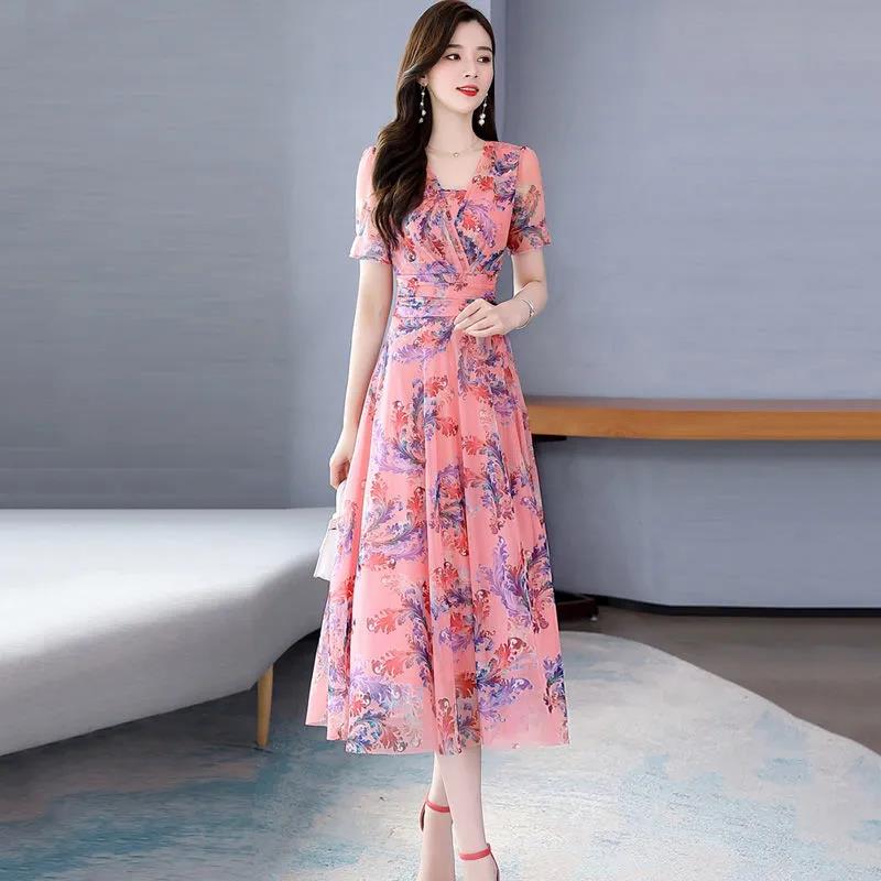 High-end Large Size Dress Ice Silk Fairy Skirt Sweet Floral Temperament Chiffon Summer Dress Waist Thin Fabric Light and Breathable