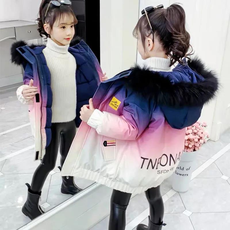 Girls' Warm Cotton Coat Winter Clothing Plus Velvet Thickening Girls Windproof Padded Jacket