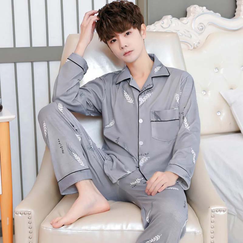 Men's Pajamas Spring and Autumn Pajamas Men's Cotton Long-sleeved Trousers Cardigan Young Middle-aged Home Clothing