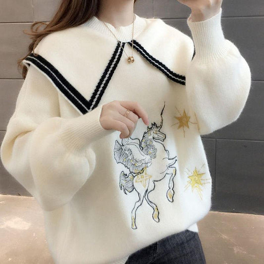 Autumn and Winter College Style Sweater Loose Knit Sweater Doll Collar Jacket Long Sleeve Pullover Women's Bottoming Shirt