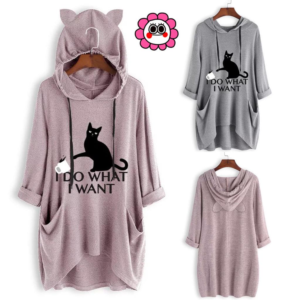Women Casual Print Cat Ear Hooded Long Sleeves Pocket Irregular Top Blouse Shirt
