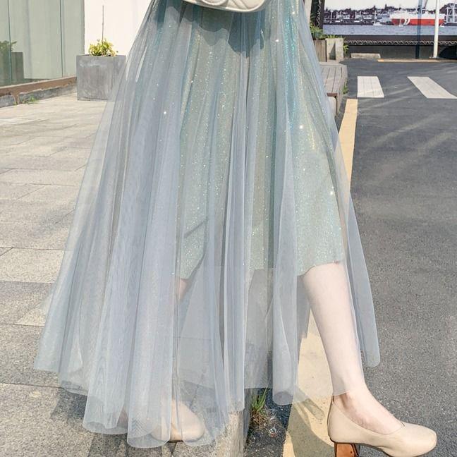 Fashion Women Skirts Tulle 2020 Spring Summer Korean Fashion Shiny Long Maxi Pleated Skirt Female Black Blue Apricot Skirt