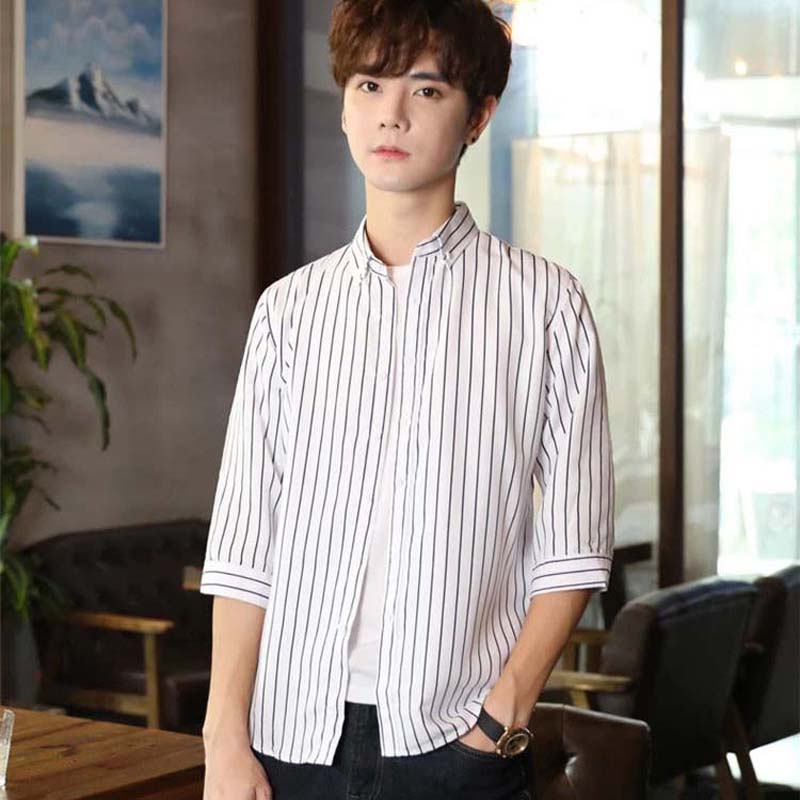 Spring and Summer Men's Mid-sleeve Striped Shirt Young Men's Summer Half-sleeve Casual Shirt