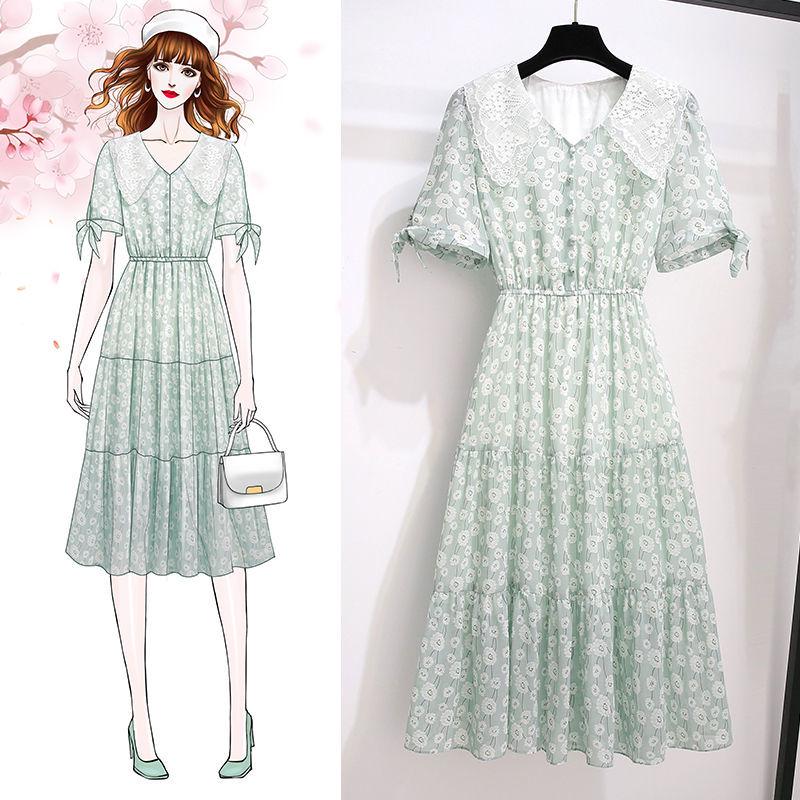 Pofulove  Bohemian Floral Dress Women Summer Dress Plus Size  Lace Collar Slim A-line Long ruffed Dress for party beach vacation