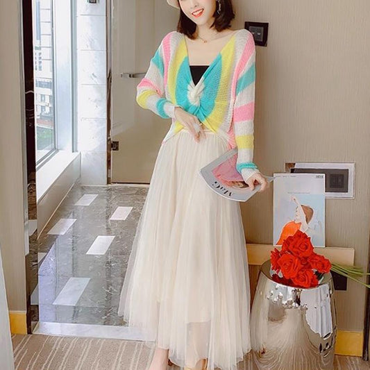 Western Style Spring and Autumn Clothes V-neck Cross-navel Short Loose Knit Sweater Rainbow Long-sleeved Sweater