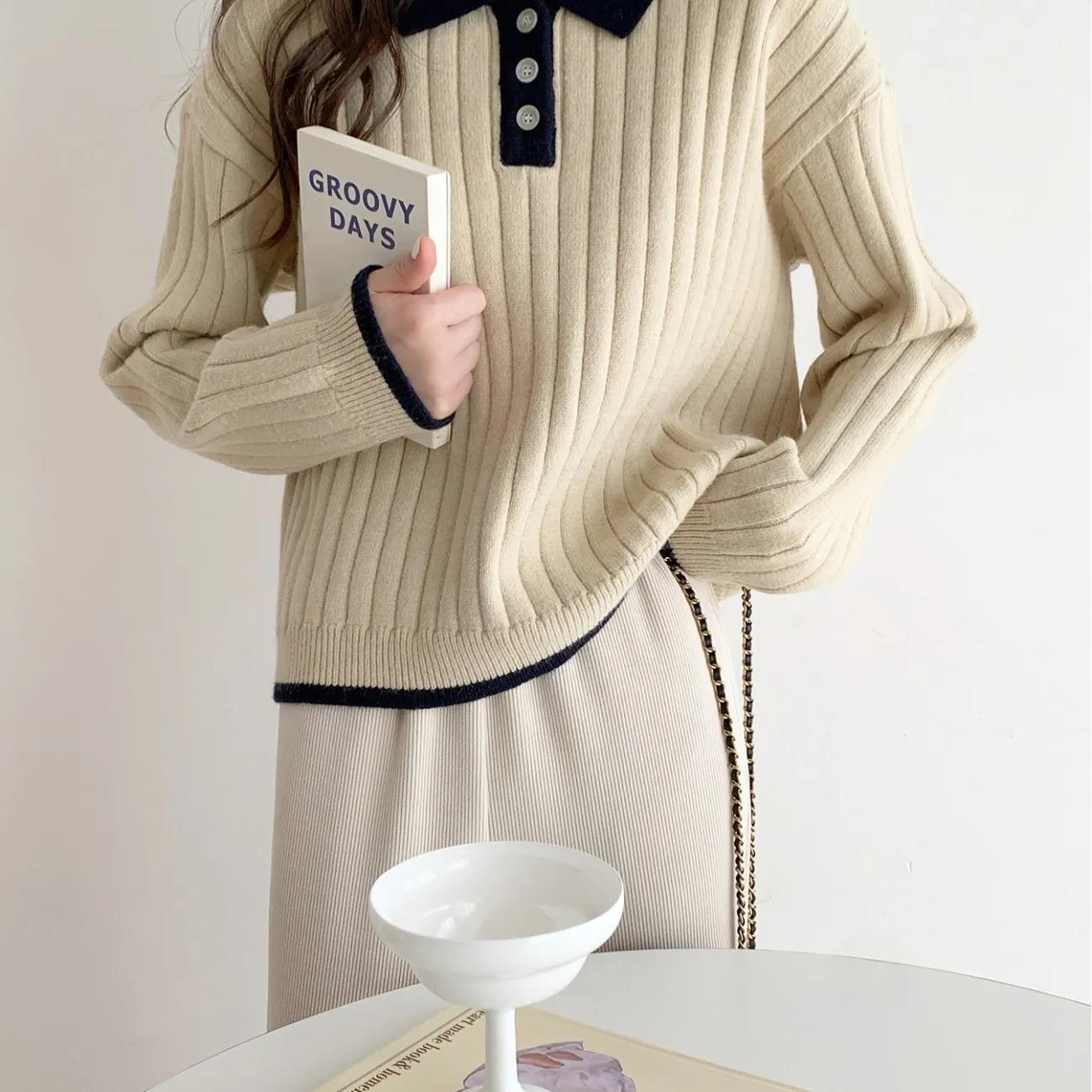 Women's Vertical Striped Solid Color Lapel Pullover Sweater Casual Loose Large Size Mid Length Knit Sweater