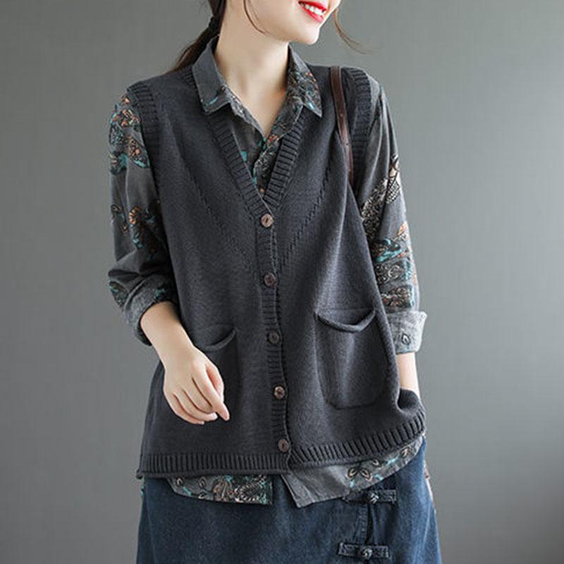 Spring and Autumn Knitted Loose Waistcoat V-neck Sleeveless Sweater Fashion Simple Female Top