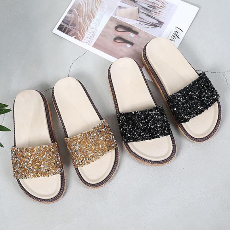Slippers Women’s Summer Fashion Outer Wear Sponge Cake Thick Bottom Flip Flops Sequins Sandals Flat Sandals Beach Shoes