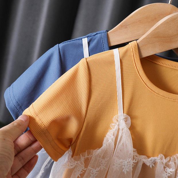 Cotton Girl Fake Two Summer T -shirts Female Baby Children's Children's Clothing Lace Wild Short Sleeve Top