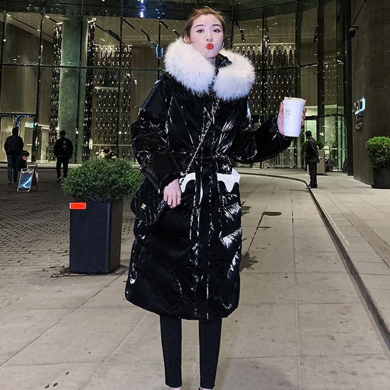 Glossy Down Padded Jacket Women Winter Korean Version of Loose Large Fur Collar Mid-length Over The Knee Thick Warm Jacket