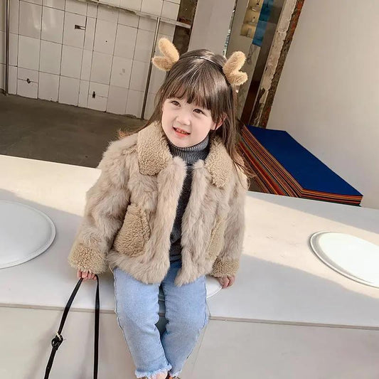 Children's Winter Girl Rabbit Fur Thick Warm Windproof Jacket