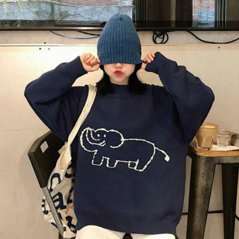 Pofulove Autumn Winter Round Neck Sweater female Loose Wild  Cartoon Pattern Knitted Thin Sweater