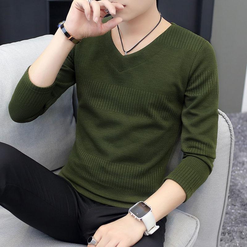 Men's Long-sleeved T-shirt Winter Warm Solid Color Bottoming Shirt Men's Knitted V-neck Outer Top