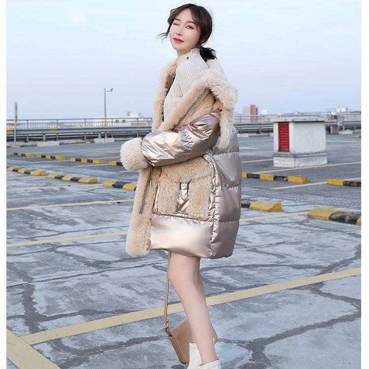 Cotton Women's Mid-length Women's Fur Collar Imitation Lamb Wool Splicing Shiny Coat