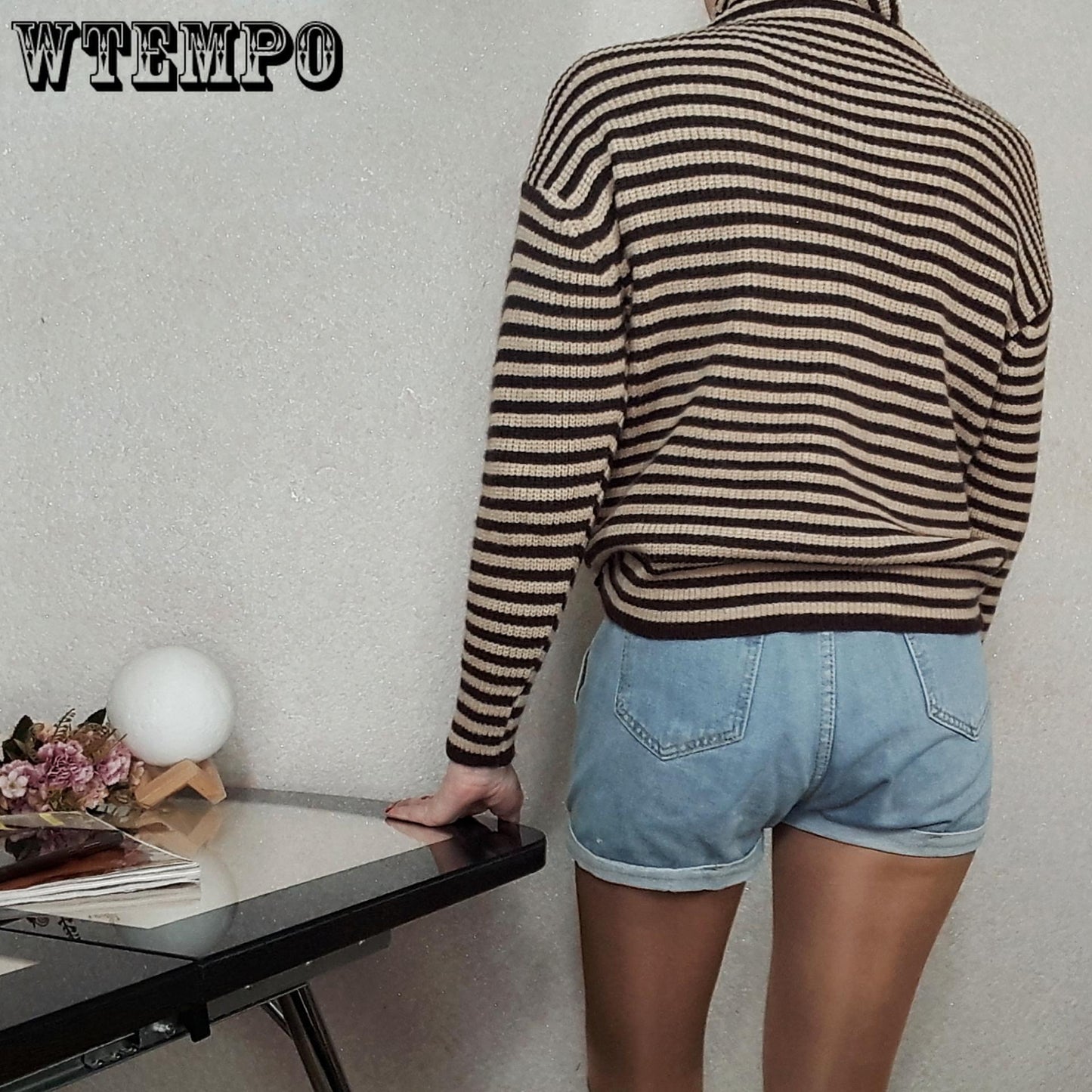 Heap Pile Neck Sweater Women Loose Casual High Neck Sweater Spring Autumn Striped Pullover Sweater