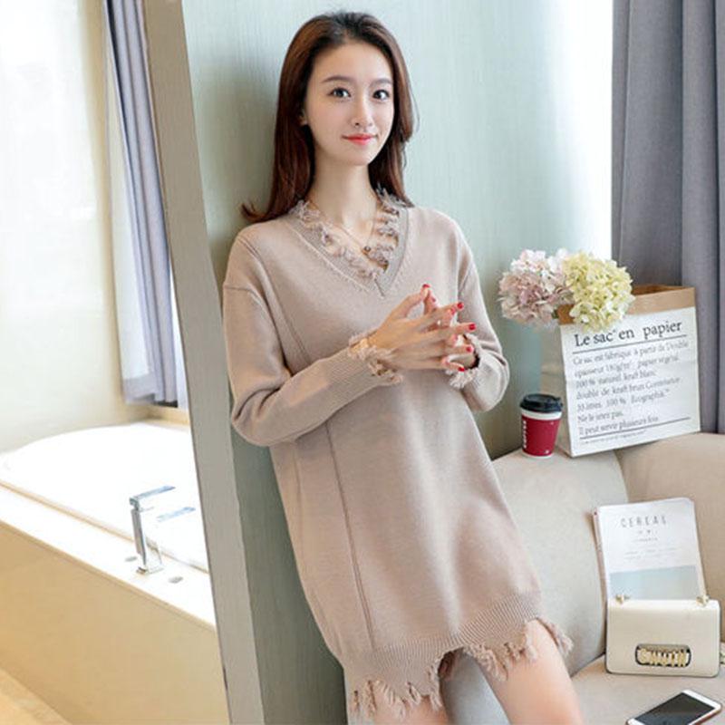 Autumn  Winter Women's Mid-length Sweater Ripped Tassel Sweater Casual Loose Knit Sweater Dress Outer Wear