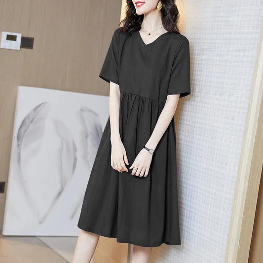 Women Summer Large Size Dress Vintage Loose V-neck Short Sleeve Solid Color Casual A-line Long Dress