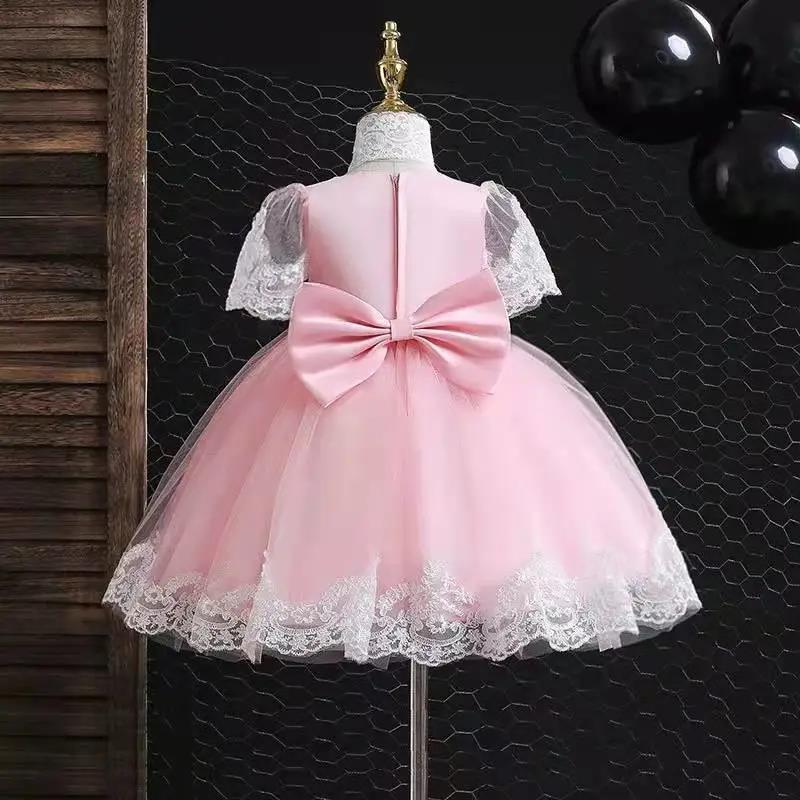 Temperament Girls Dress Skirt Lace Bow Dress Princess Skirt Round Neck Short Sleeve Lace Tutu Skirt Waist A-line Skirt Sweet Fairy Tale Skirt